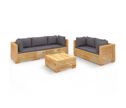 Juego muebles de jardín 6 piezas y cojines madera maciza teca