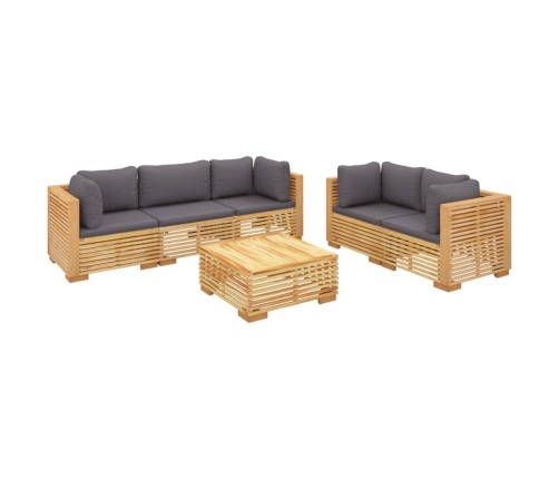 Juego muebles de jardín 6 piezas y cojines madera maciza teca