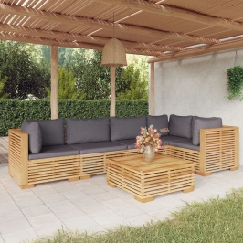 Juego muebles de jardín 6 piezas y cojines madera maciza teca