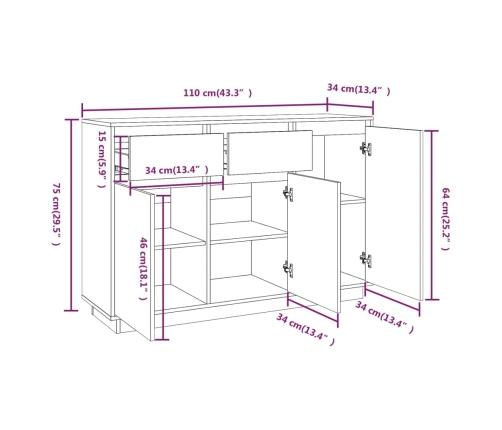 Aparador de madera maciza de pino 110x34x75 cm