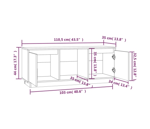 Mueble para TV de madera maciza de pino blanco 110,5x35x44 cm