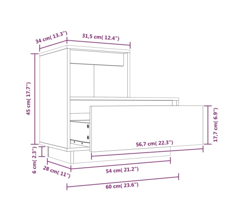 Mesita de noche madera maciza de pino 60x34x51 cm