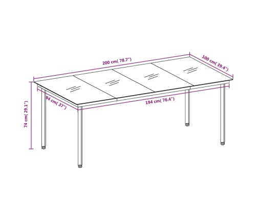 Mesa de comedor para jardín acero y vidrio negro 200x100x74 cm