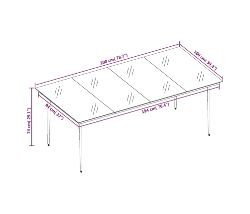 Mesa de comedor para jardín acero y vidrio negro 200x100x74 cm