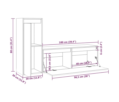 Muebles para TV 2 piezas madera maciza de pino negro