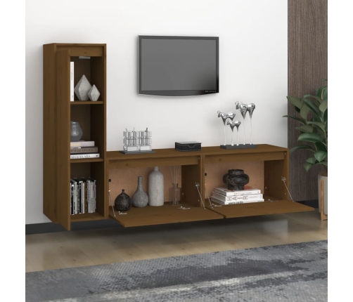 Muebles para TV 3 piezas madera maciza de pino marrón miel