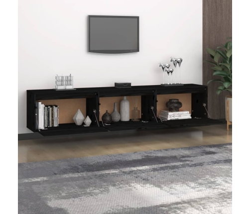 Mueble de TV 3 piezas madera maciza de pino negro