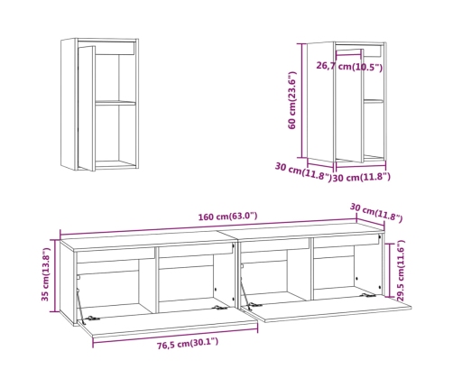 Muebles para TV 4 piezas madera maciza de pino