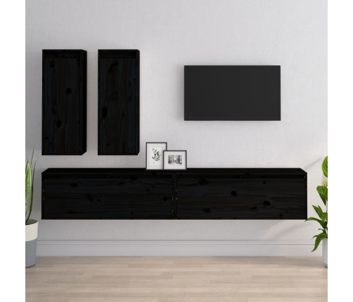 Muebles para TV 4 piezas madera maciza de pino negro