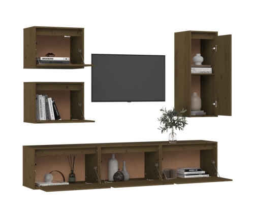 Muebles para TV 6 piezas madera maciza de pino marrón miel