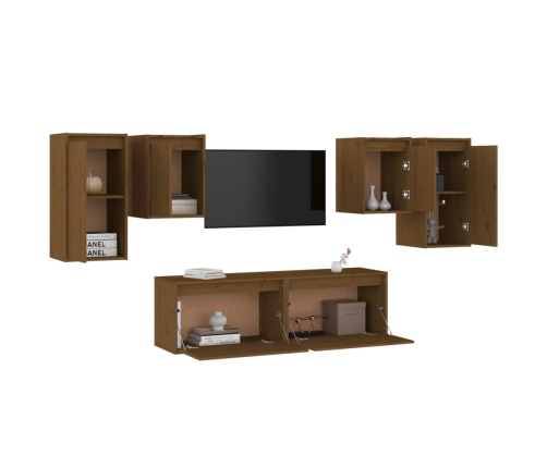 Muebles para TV 6 piezas madera maciza de pino marrón miel