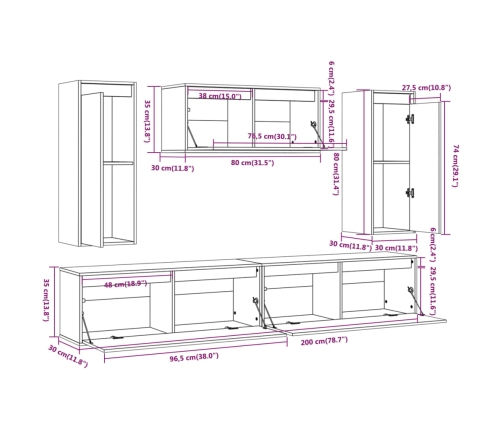 Muebles para TV 5 piezas madera maciza de pino negro