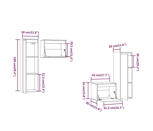 Muebles para TV 4 piezas madera maciza de pino gris