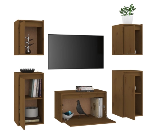 Muebles para TV 5 piezas madera maciza de pino marrón miel