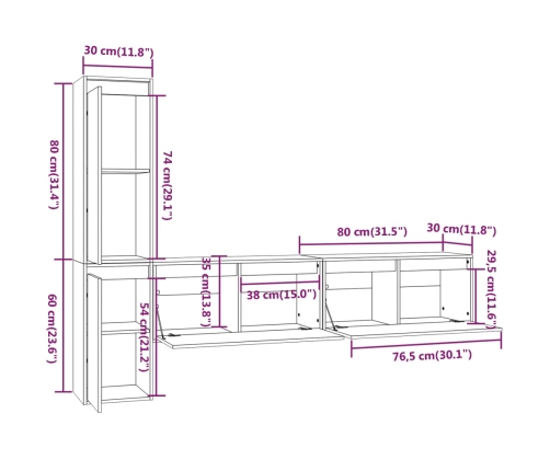 Muebles para TV 4 piezas madera maciza de pino