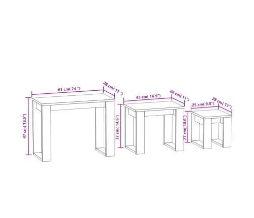 vidaXL Mesas apilables 3 pzas madera contrachapada color roble marrón