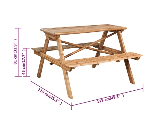 Mesa de pícnic de bambú 115x115x81 cm