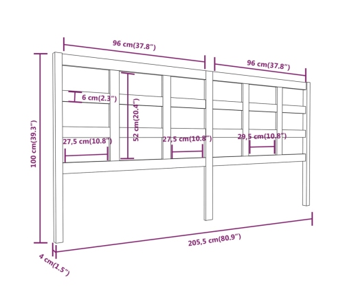 vidaXL Cabecero de cama madera maciza de pino 205,5x4x100 cm