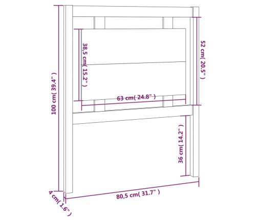 Cabecero de cama madera maciza de pino 80,5x4x100 cm