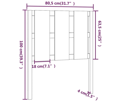 Cabecero de cama madera maciza de pino 80,5x4x100 cm