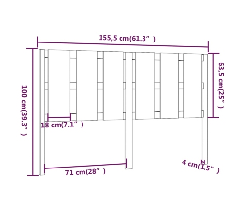 Cabecero de cama madera maciza de pino 155,5x4x100 cm