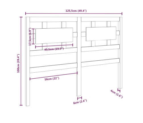 Cabecero de cama madera maciza pino marrón miel 125,5x4x100 cm