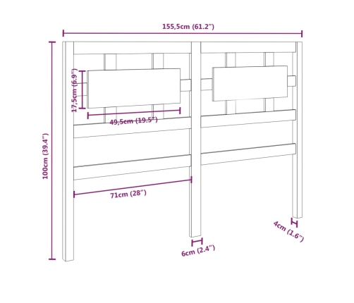 Cabecero de cama madera maciza pino marrón miel 155,5x4x100 cm