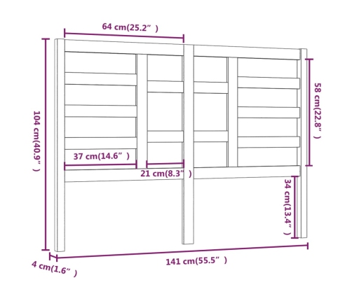 vidaXL Cabecero de cama madera maciza de pino marrón miel 141x4x104 cm