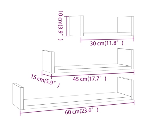 vidaXL Estantes de pared 3 unidades madera de ingeniería gris Sonoma