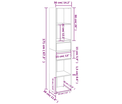 vidaXL Estantería de madera de ingeniería gris Sonoma 36x30x171 cm