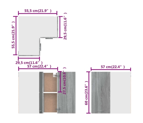 Armario colgante de esquina madera de ingeniería gris sonoma