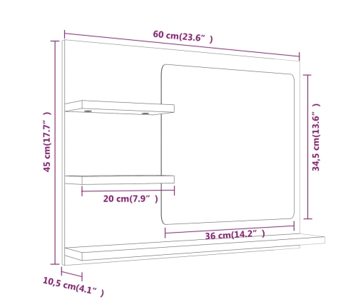 Espejo de baño madera contrachapada marrón roble 60x10,5x45 cm