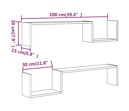 Estantes de pared 2 uds madera gris Sonoma 100x15x20 cm