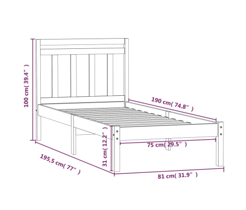 Estructura de cama individual pequeña madera maciza 75x190 cm