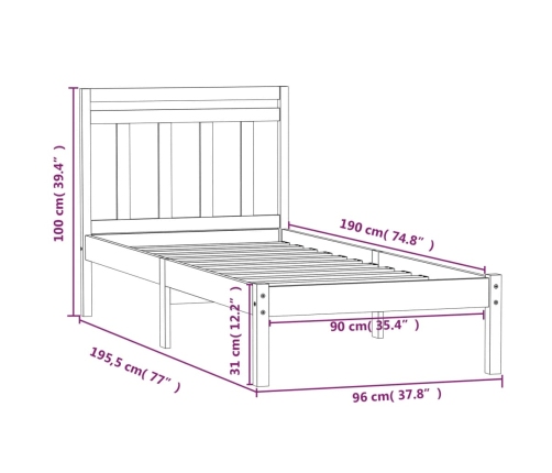 Estructura de cama individual de madera maciza blanco 90x190 cm