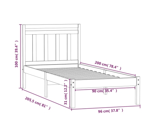 Estructura de cama de madera maciza de pino 90x200 cm