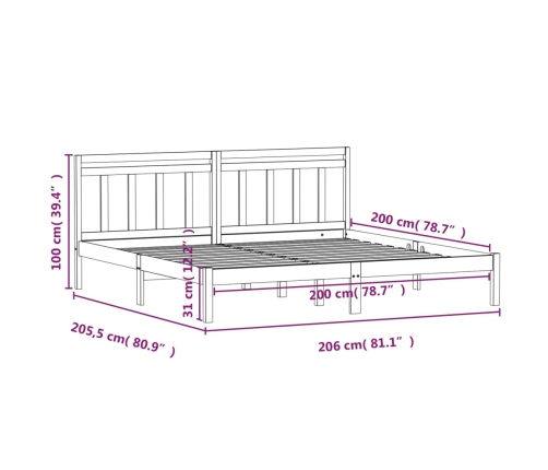Estructura de cama madera maciza de pino marrón miel 200x200 cm