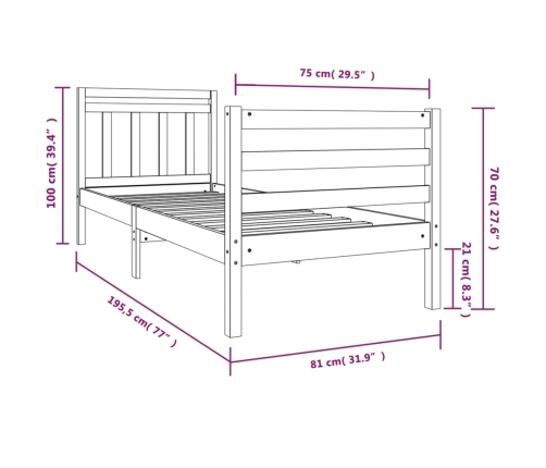 Estructura de cama individual pequeña madera maciza 75x190 cm