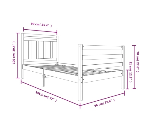 Estructura de cama individual de madera maciza 90x190 cm