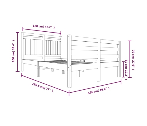 Estructura de cama doble madera maciza marrón miel 120x190 cm