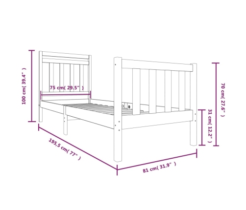 Estructura cama madera maciza individual negro 75x190 cm