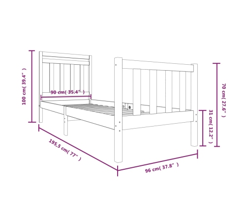 Estructura de cama individual de madera maciza 90x190 cm