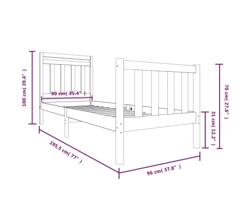 Estructura de cama individual de madera maciza blanco 90x190 cm