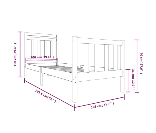 Estructura de cama madera maciza 100x200 cm