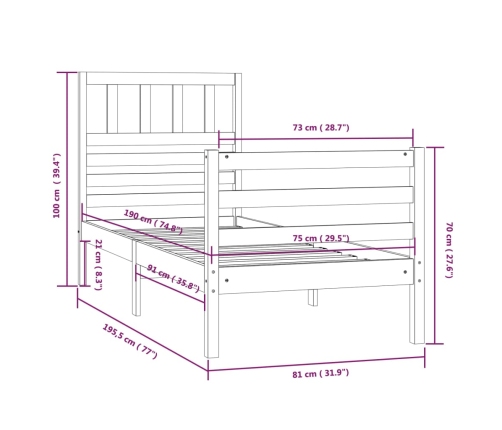Estructura de cama individual pequeña madera maciza 75x190 cm