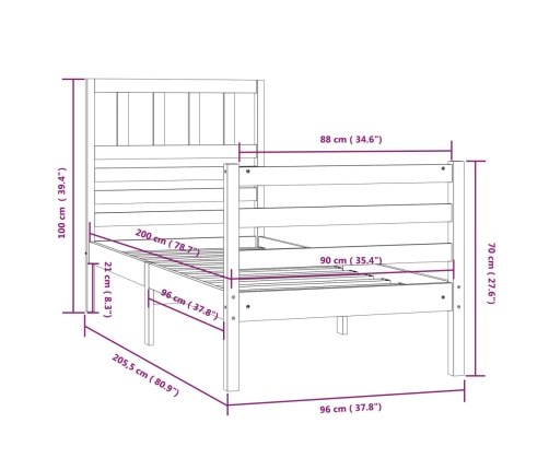 vidaXL Estructura de cama madera maciza gris 90x200 cm