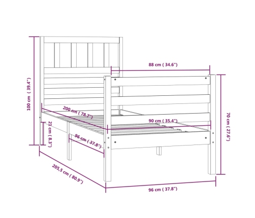 vidaXL Estructura de cama madera maciza negro 90x200 cm