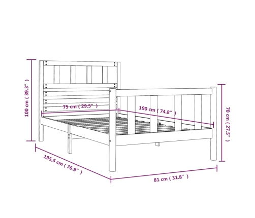 Estructura de cama individual pequeña madera maciza 75x190 cm