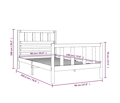 Estructura de cama individual de madera maciza negro 90x190 cm