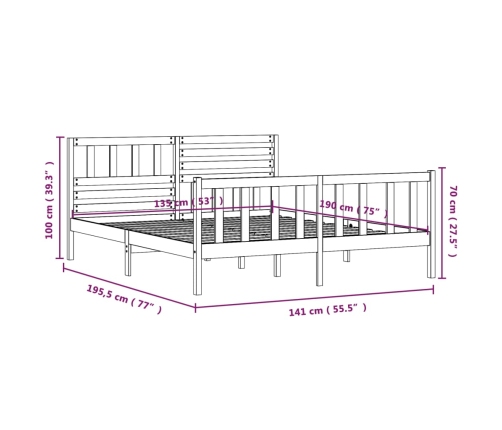 Estructura de cama doble de madera maciza blanco 135x190 cm